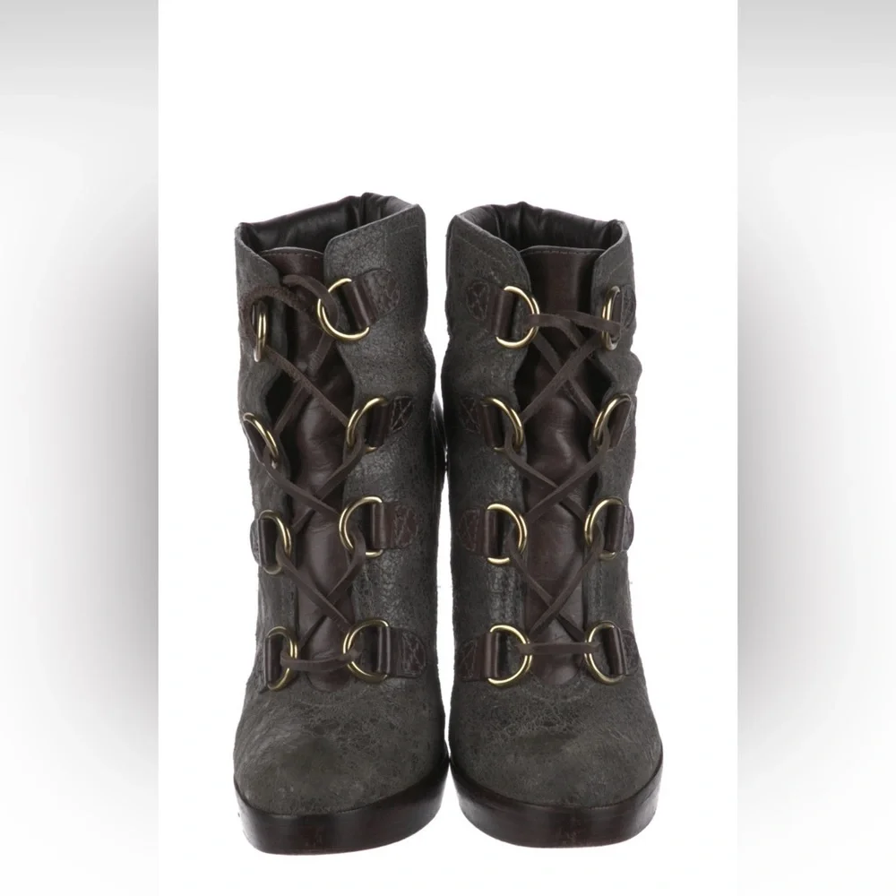 Tory Burch Gray and Brown Heeled Boots with Buckle Straps
